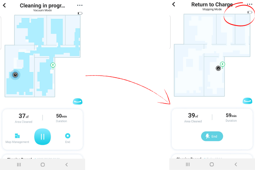 Der Restakku des Yeedi Vac Hybrid nach erfolgter Reinigung der Wohnung ist zu sehen